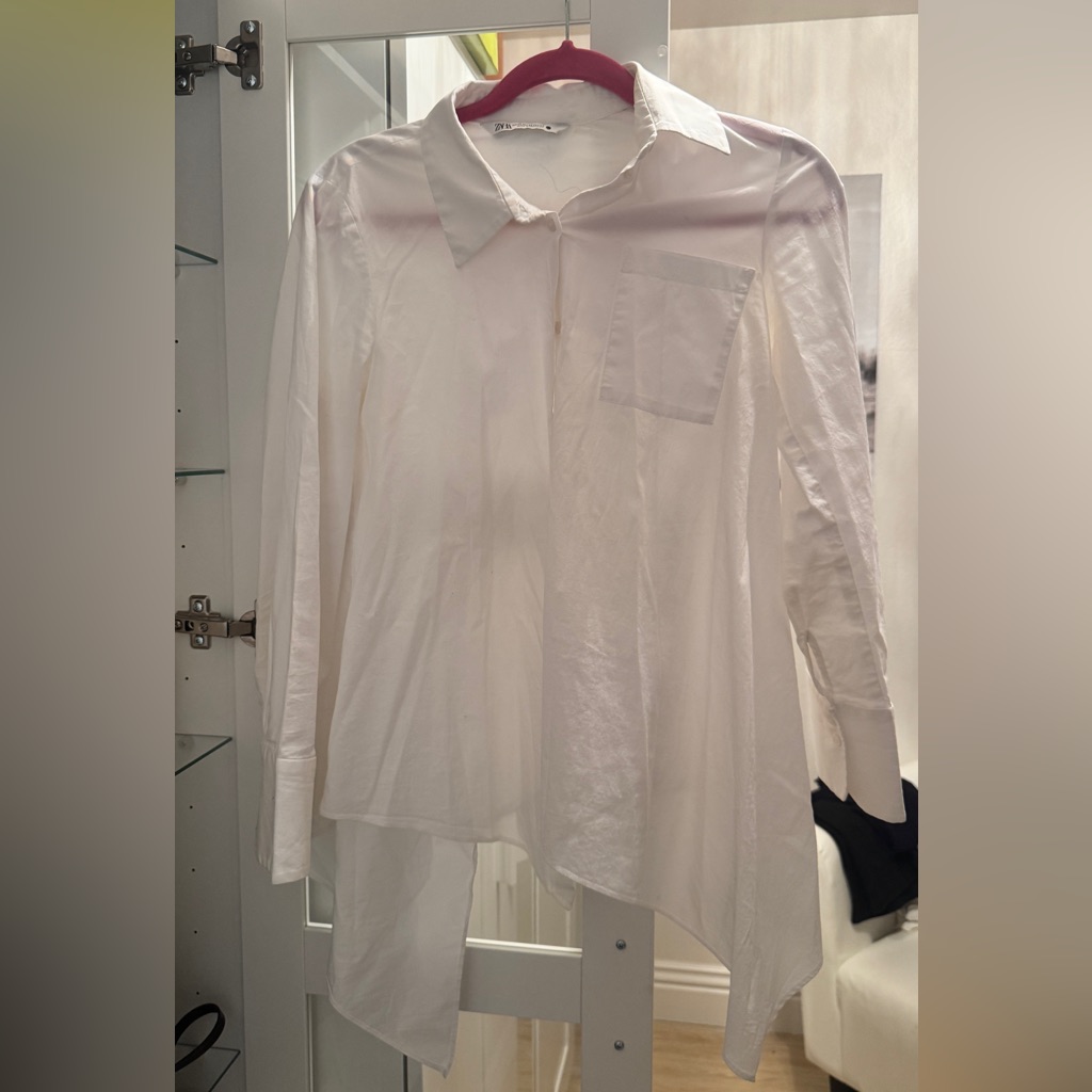 Zara White Asymmetrical Button Down Blouse